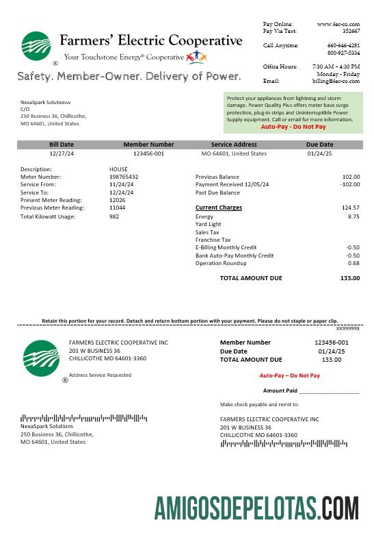 Para baixar modelo de conta de serviços públicos de cooperativa elétrica de agricultores dos EUA Ohio em formatos Word e PDF